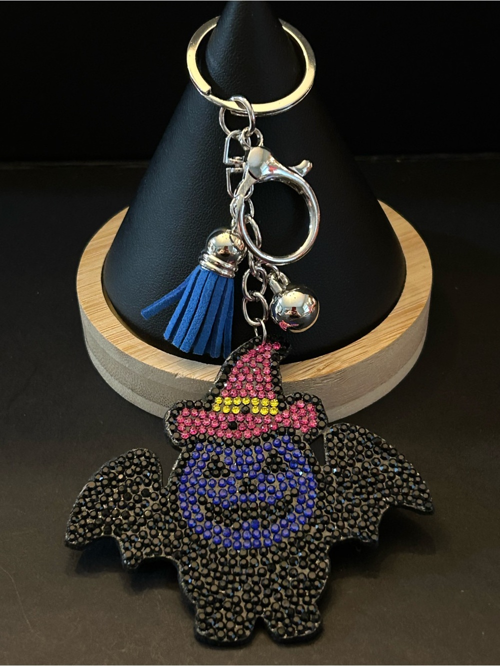 Mint Bat 🦇 Crystal Bag Charm Keychain with Blue Tassel and Purple Hat 🎃